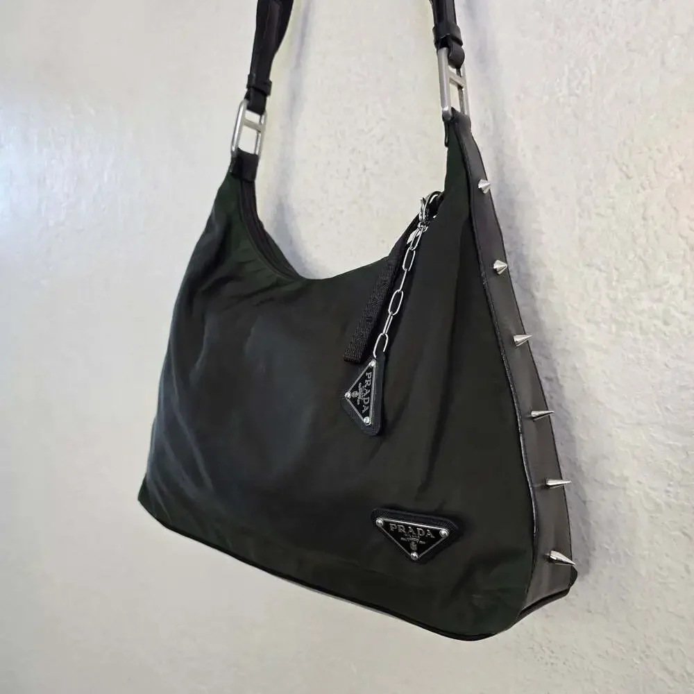 Prada Tessuto Custom Nylon Dark Green Shoulder Bag with Studs